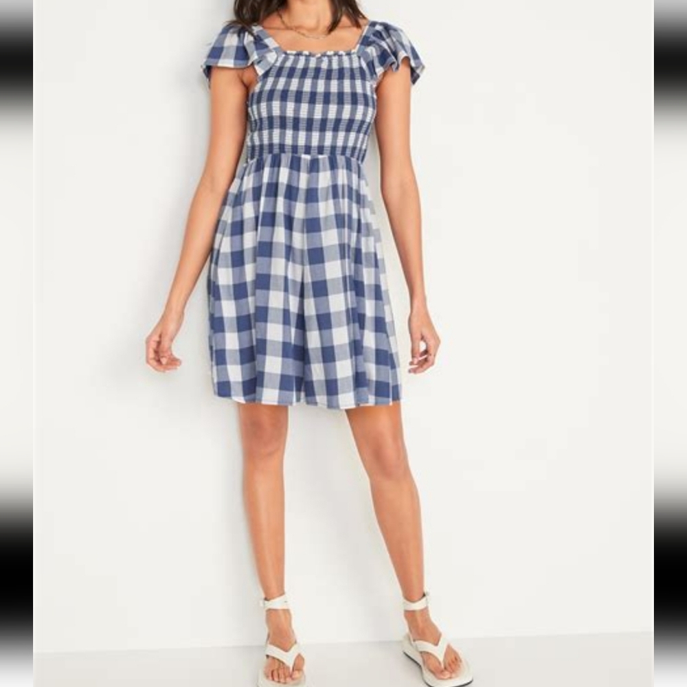 Old Navy Fit & Flare Flutter-Sleeve Gingham Mini Dress small TALL